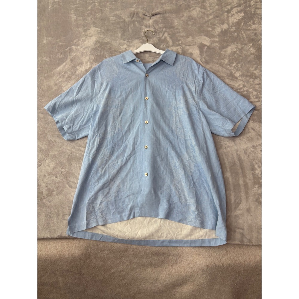 Tommy Bahama Mens Light Blue 100%‎ Silk Floral Jacquard Short Sleeve Camp Shirt